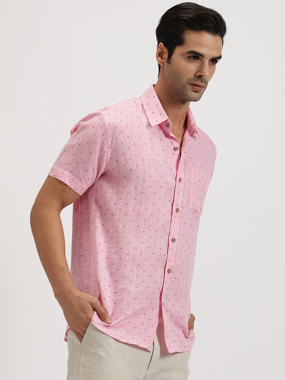 Haynes - Pure Linen Block Printed Dobby Half Sleeve Shirt - Pink