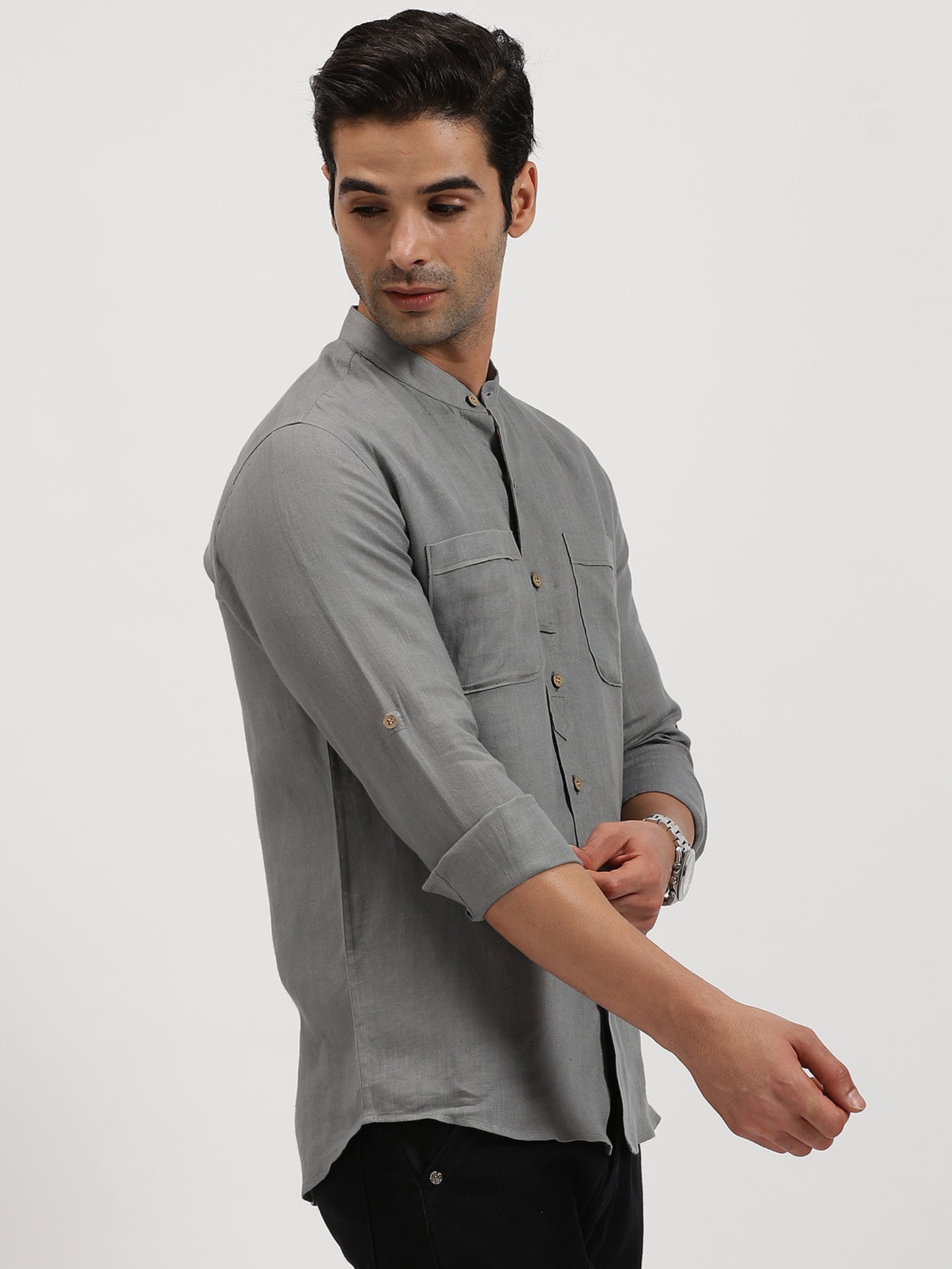 Luca - Pure Linen Double Pocket Full Sleeve Shirt - Slate Grey