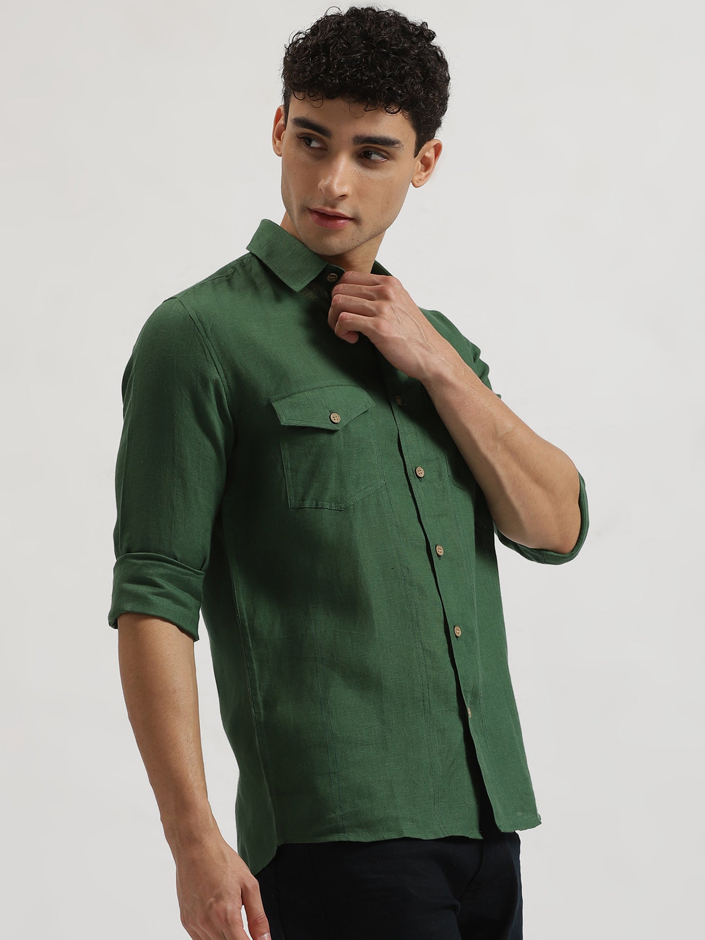 Thomas - Pure Linen Double Pocket Full Sleeve Shirt - Dark Green