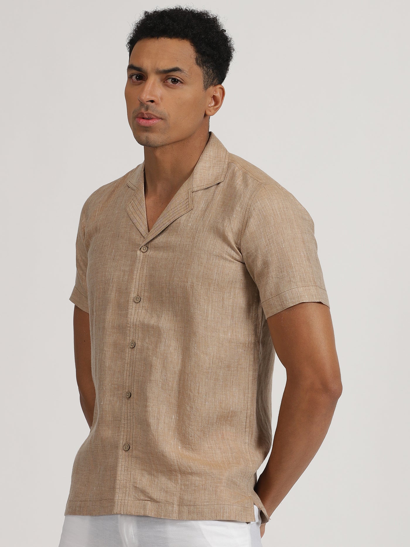 Earl - Pure Linen Half Sleeve Shirt With Stitch Details  - Mocha