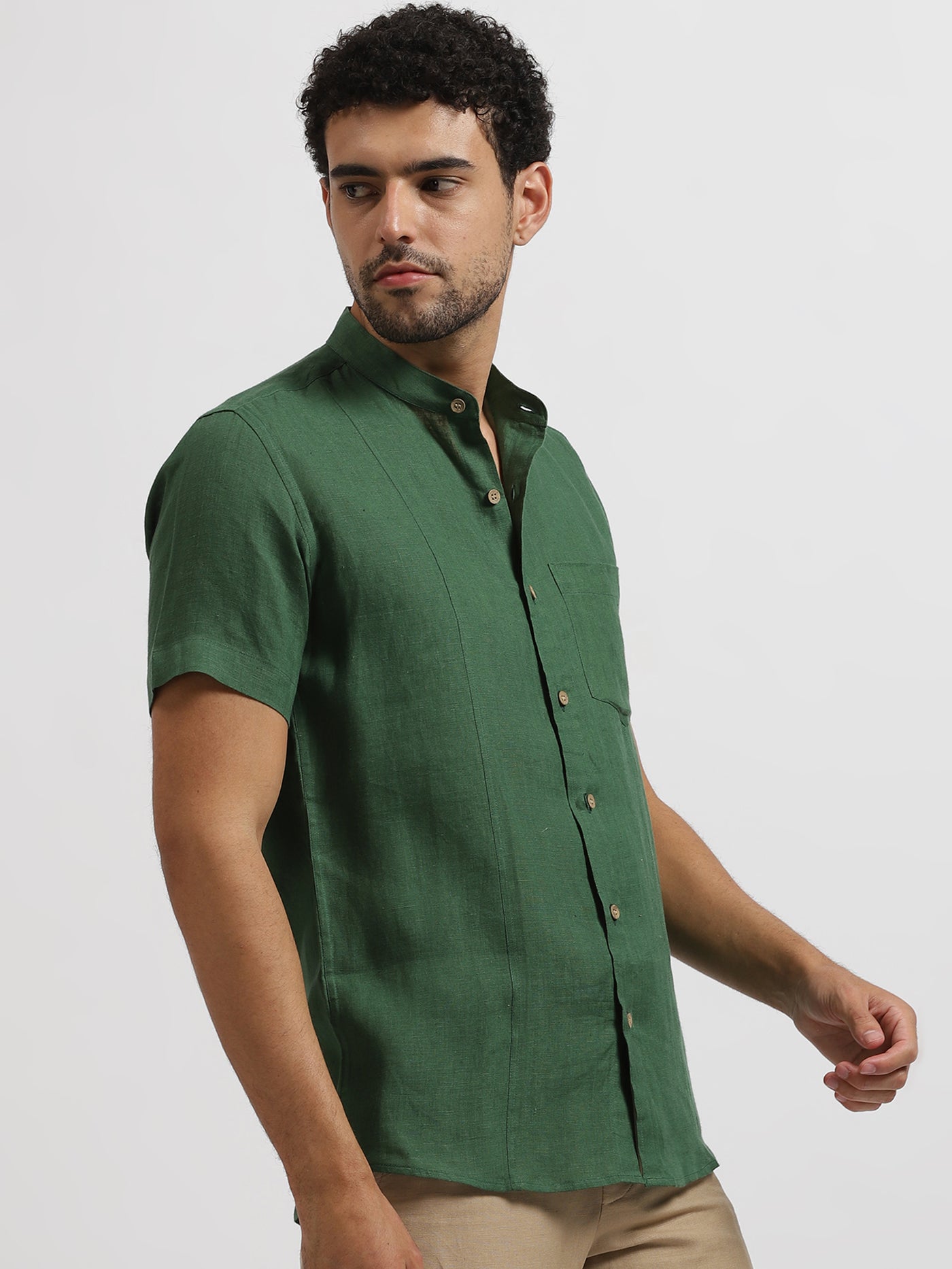 Trevor - Pure Linen Mandarin Collar Half Sleeve Shirt - Dark Green