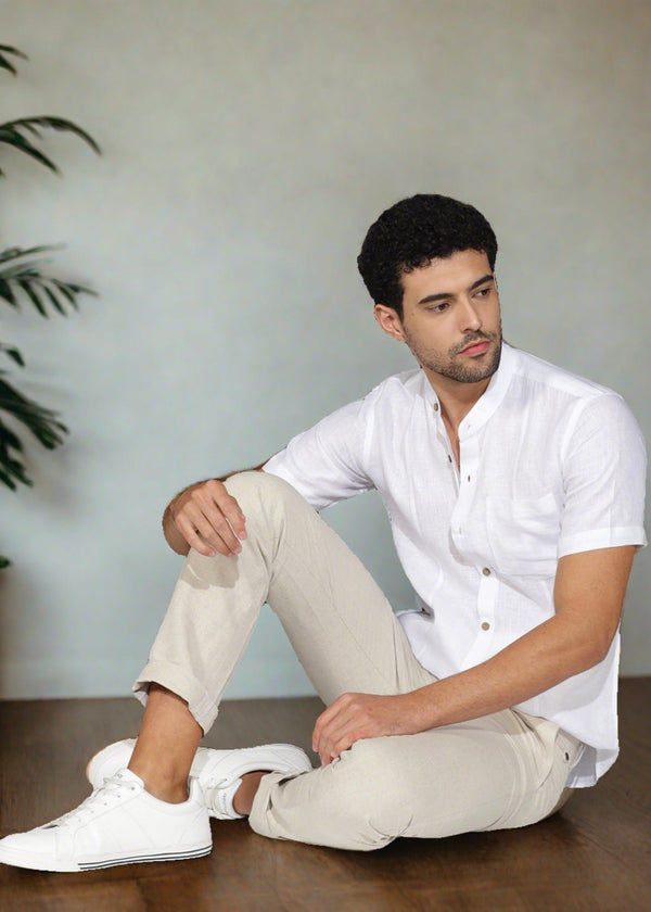 Trevor - Pure Linen Mandarin Collar Half Sleeve Shirt - White