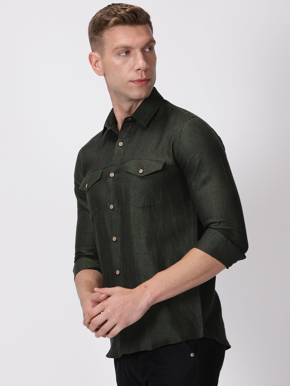Thomas - Pure Linen Double Pocket Full Sleeve Shirt - Forest Green