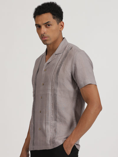 Cal - Pure Linen Hand Embroidered Half Sleeve Shirt - Cement Grey