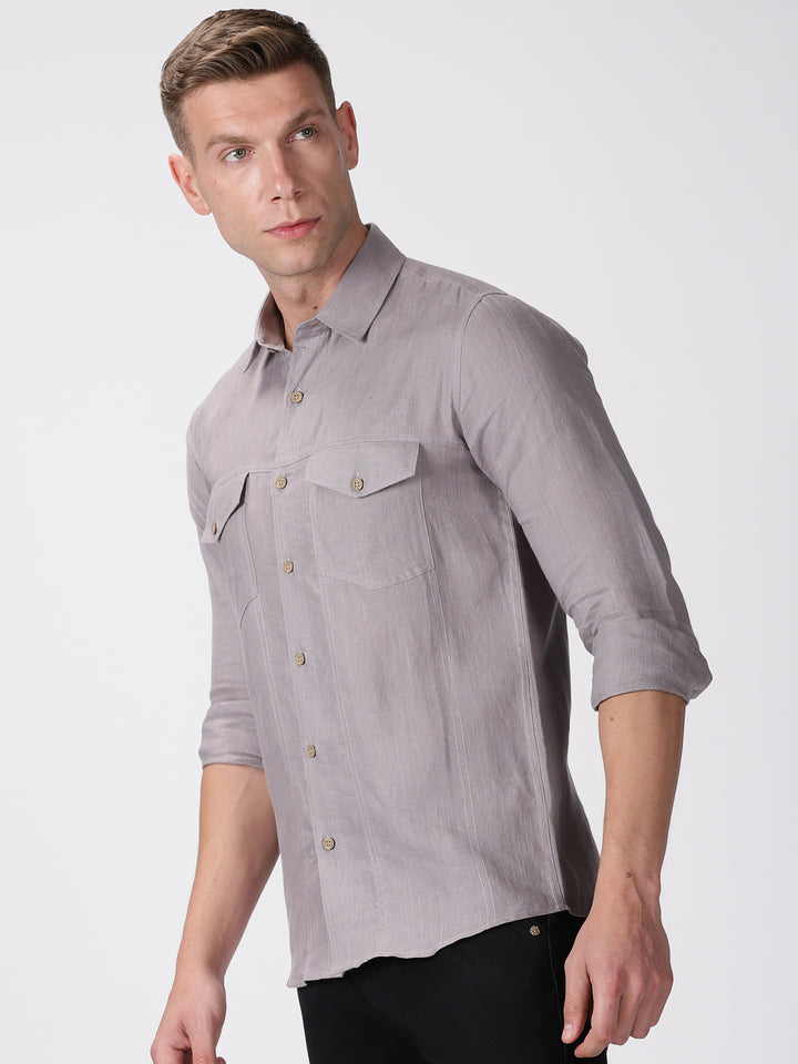 Thomas - Pure Linen Double Pocket Full Sleeve Shirt - Cement Grey