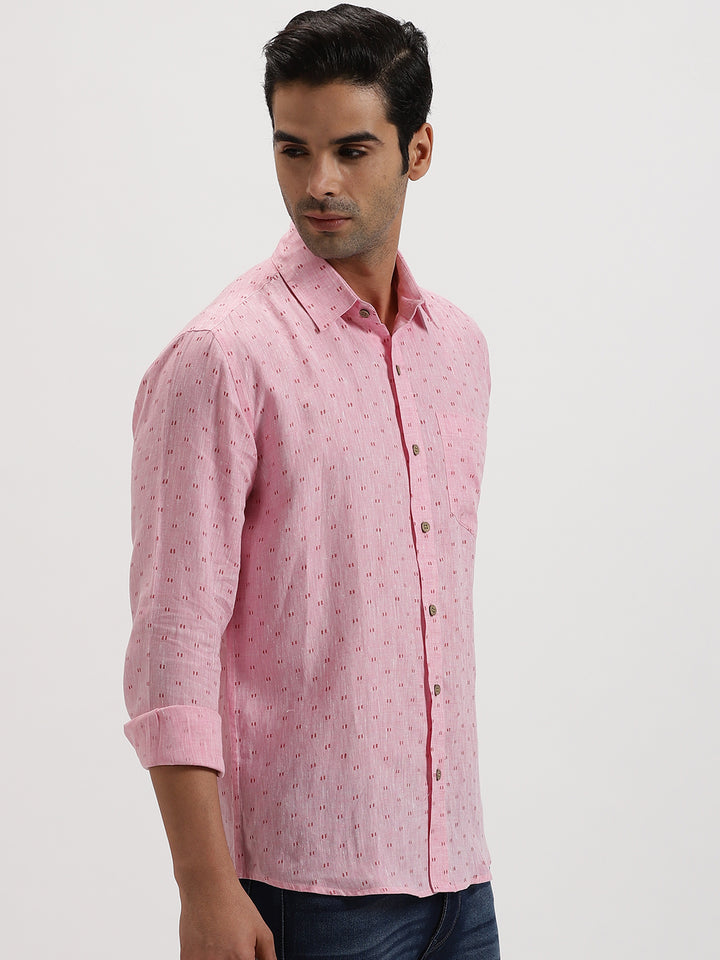 Haynes - Pure Linen Block Printed Dobby Full Sleeve Shirt - Pink