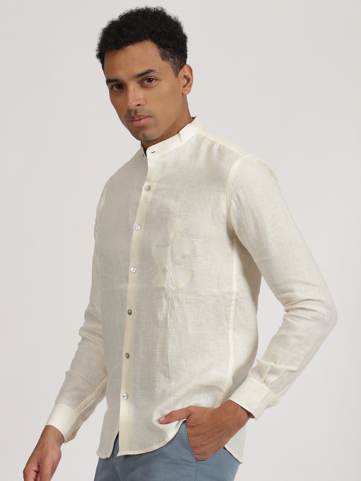 Nick - Pure Linen Hand Embroidered Full Sleeve Shirt - Ivory
