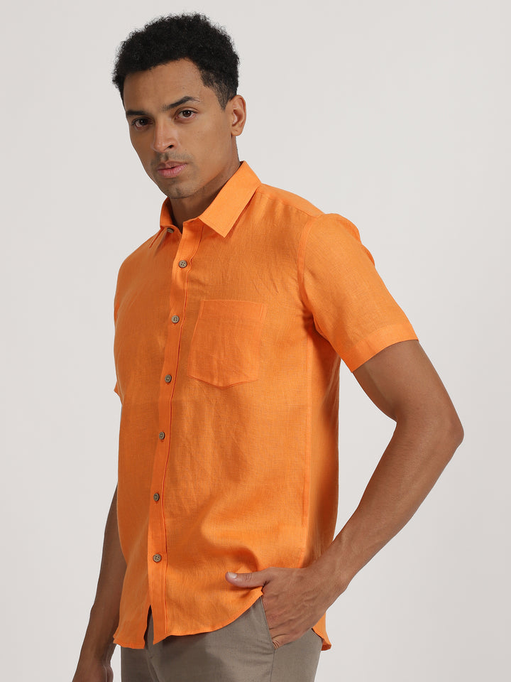 Harvey - Men's Pure Linen Half Sleeve Shirt - Beer Orange
