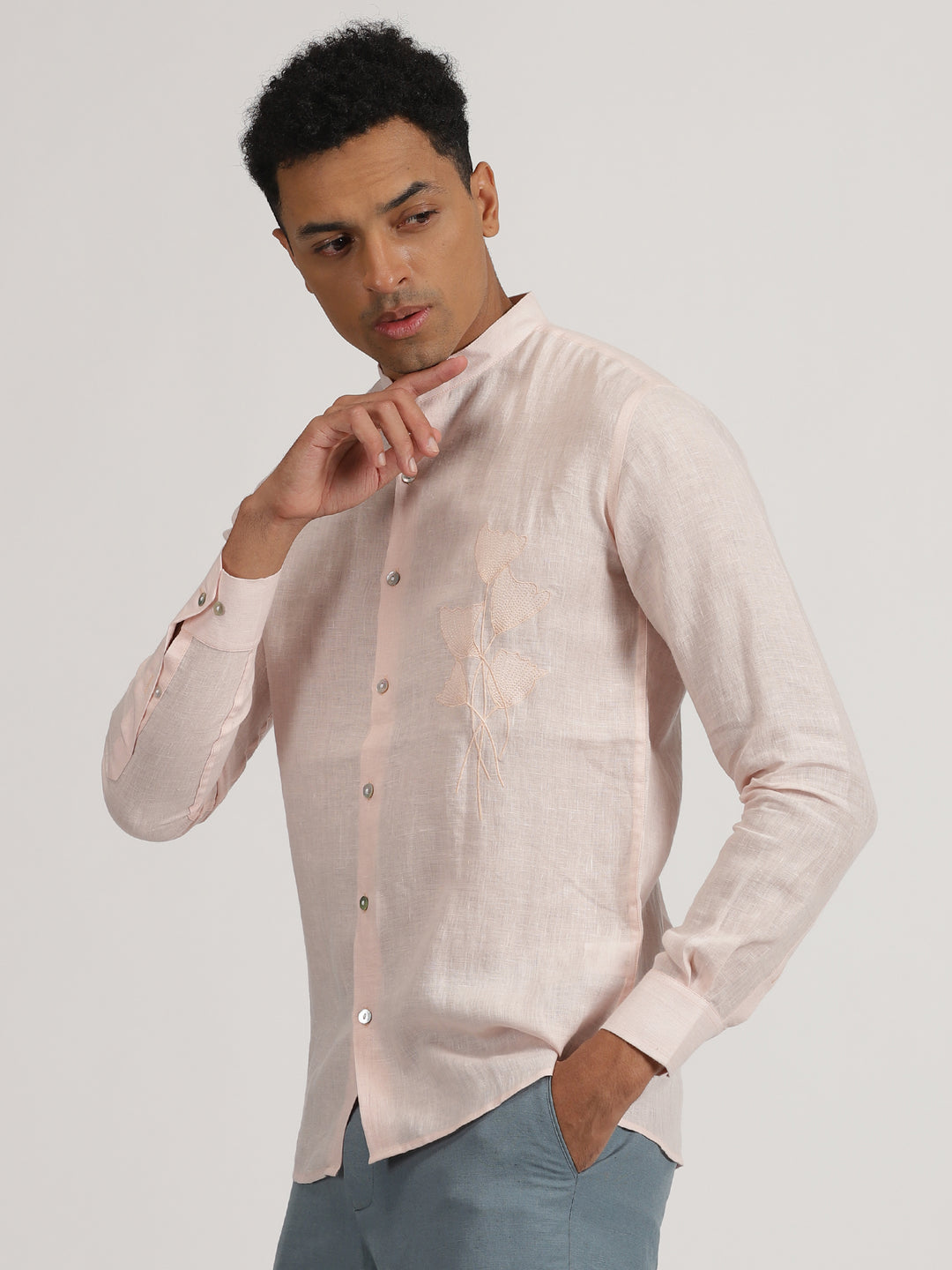 Nick - Pure Linen Hand Embroidered Full Sleeve Shirt - Light Pink