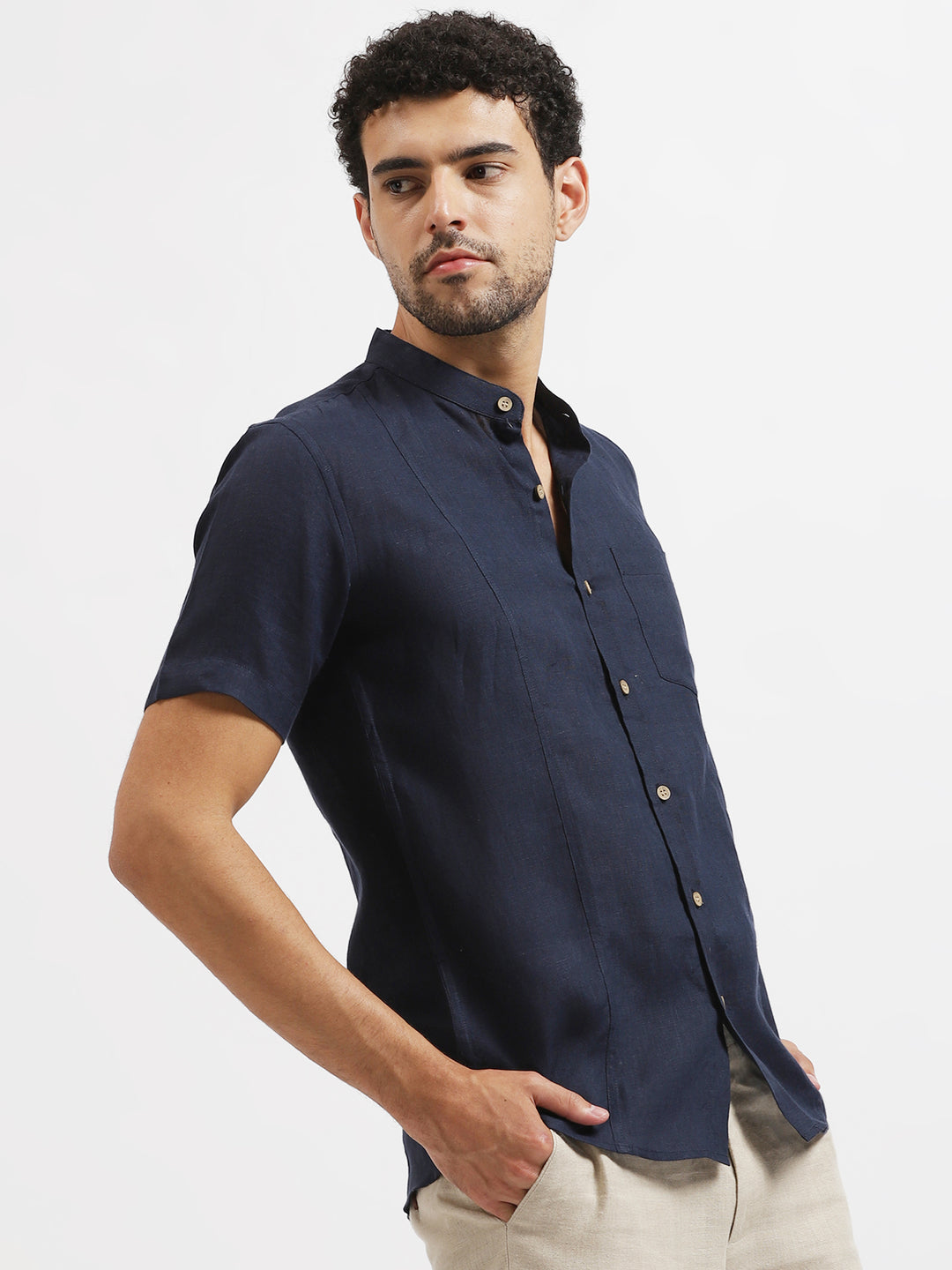 chinese collar dress shirts Dark Blue Pure Linen Mandarin Collar Half Sleeve Shirt – Linen Trail