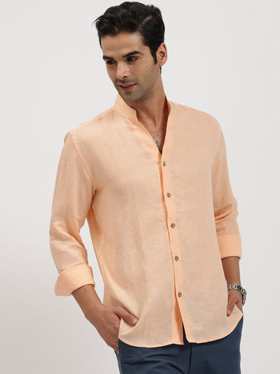 Craig - Pure Linen V Neck Full Sleeve Shirt - Sherbet Orange