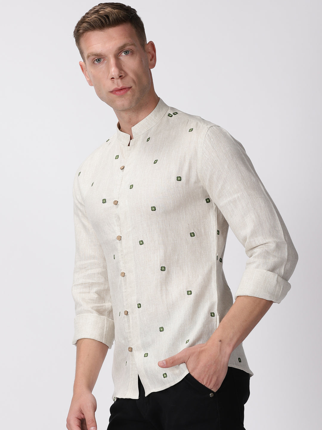 Noah - Pure Linen Embroidered Full Sleeve Shirt - Ecru