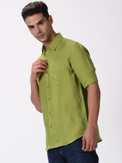 Kian - Pure Linen Regular Collar Full Sleeve Shirt - Peridot Green