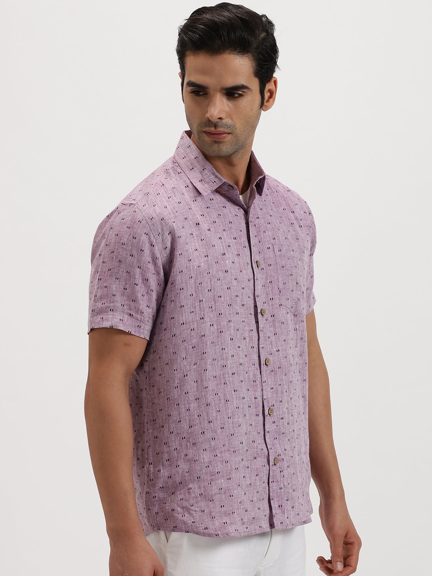 Haynes - Pure Linen Block Printed Dobby Half Sleeve Shirt - Lilac