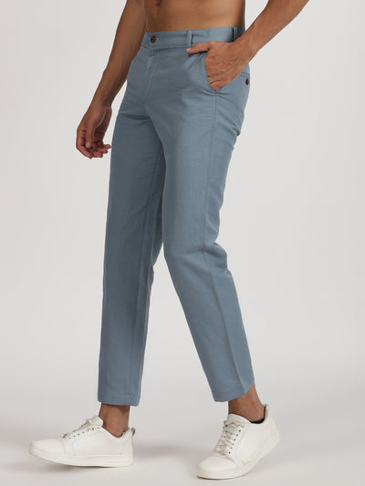 Sky Blue PlainSolid Regular Fit Linen Pants For Men