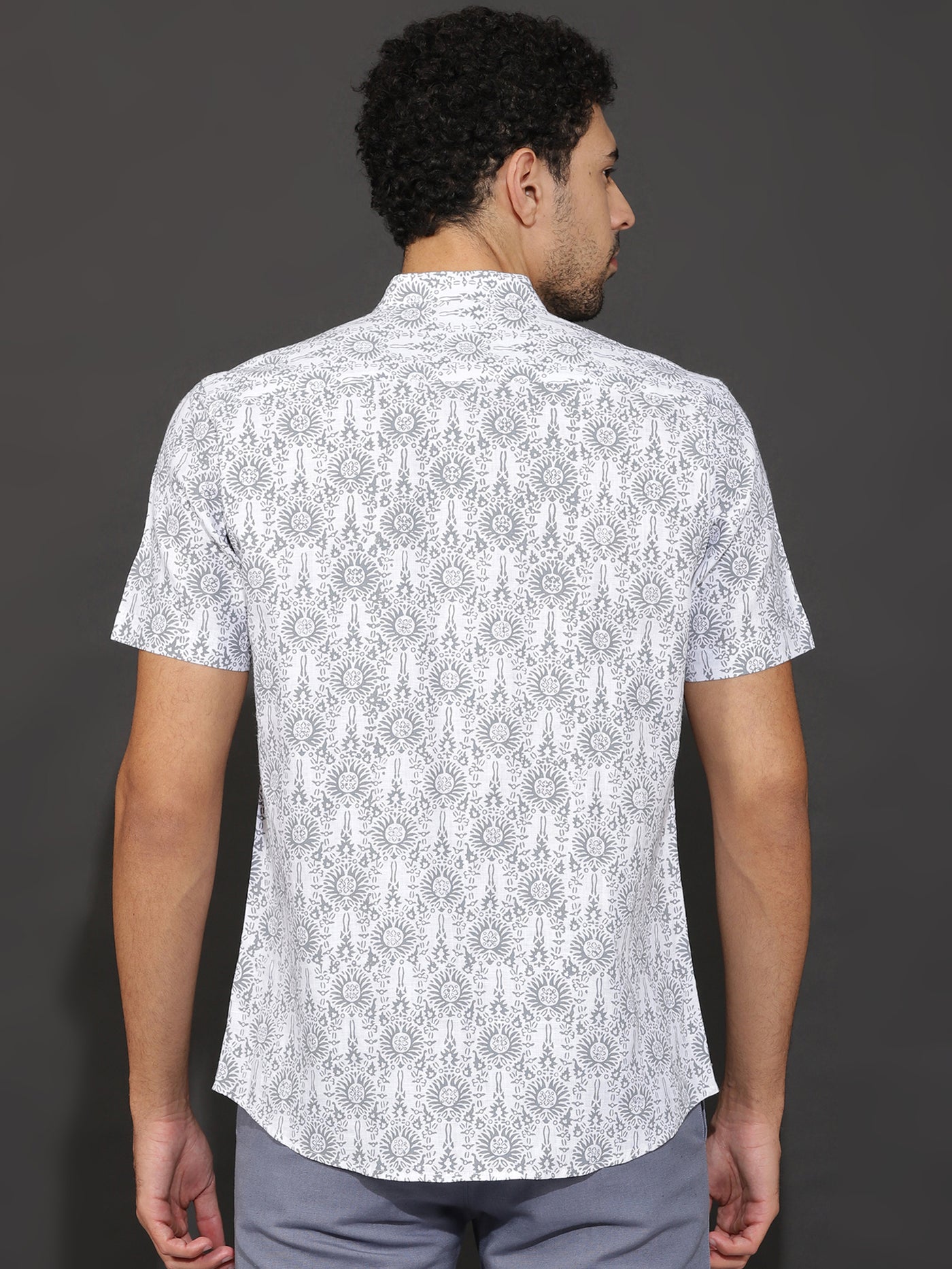 Leon - Pure Linen Block Printed Half Sleeve Shirt - Grey & White
