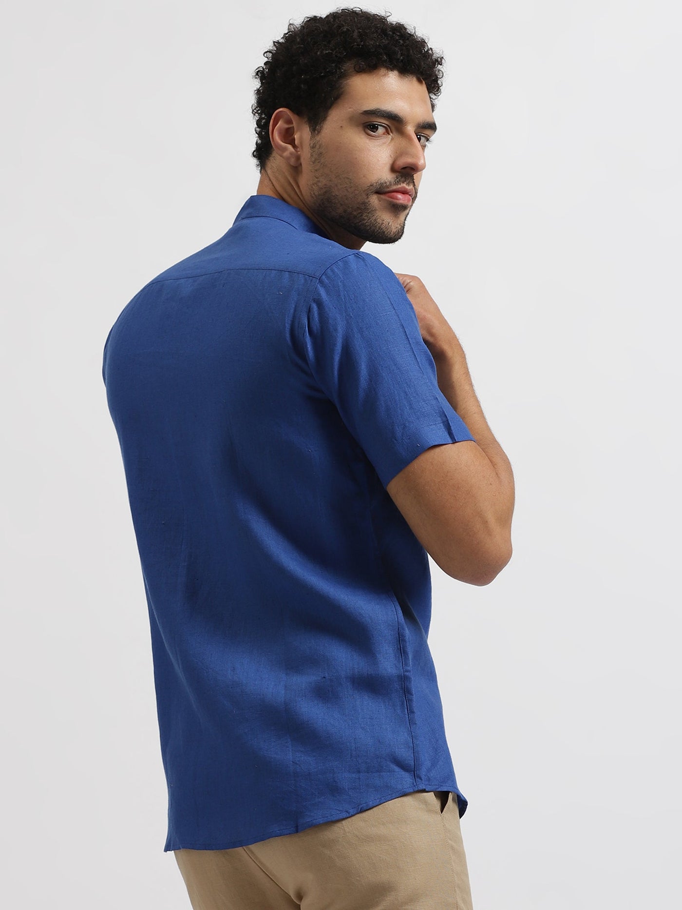 Chang - Pure Linen Mandarin Collar Half Sleeve Shirt - Blue | Rescue