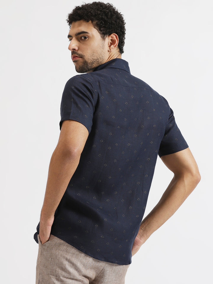 Adam - Pure Linen Block Printed Half Sleeve Shirt - Navy