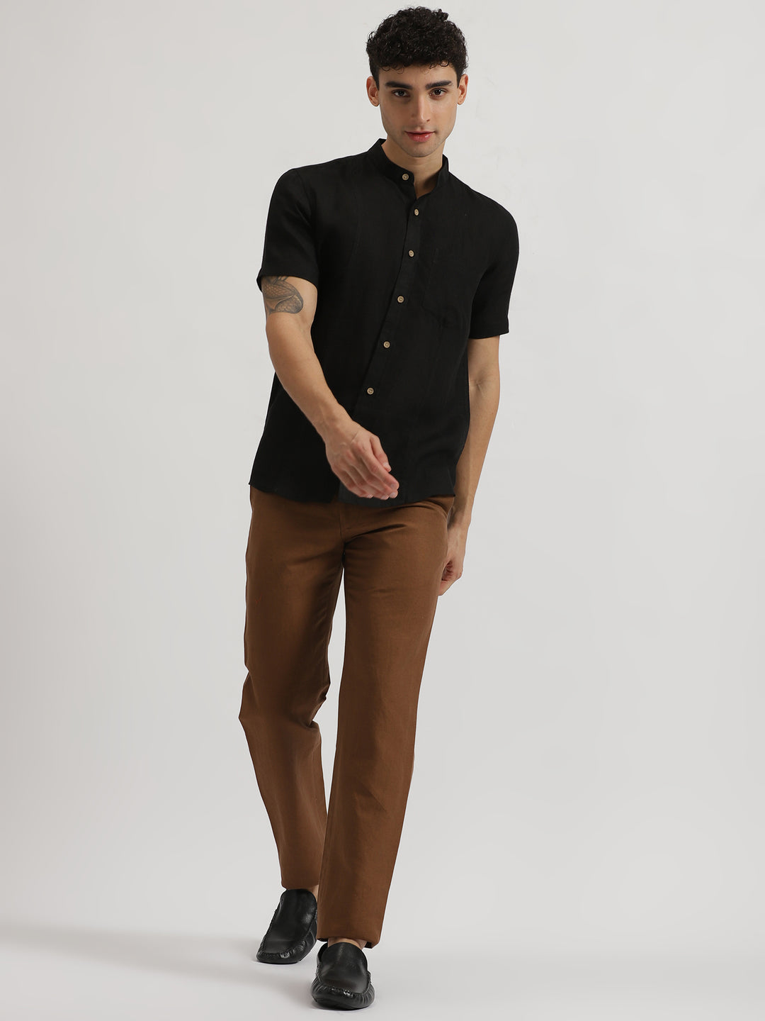 Black Pure Linen Mandarin Collar Half Sleeve Shirt Linen Trail Black Pure Linen Mandarin Collar Half Sleeve Shirt Linen Trail
