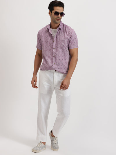 Haynes - Pure Linen Block Printed Dobby Half Sleeve Shirt - Lilac