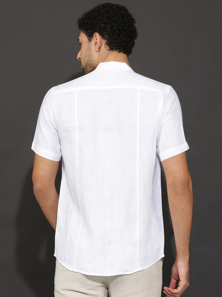 Trevor - Pure Linen Mandarin Collar Half Sleeve Shirt - White