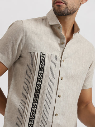 Aryan - Pure Linen Toda Hand-Embroidered Half Sleeve Shirt - Ecru