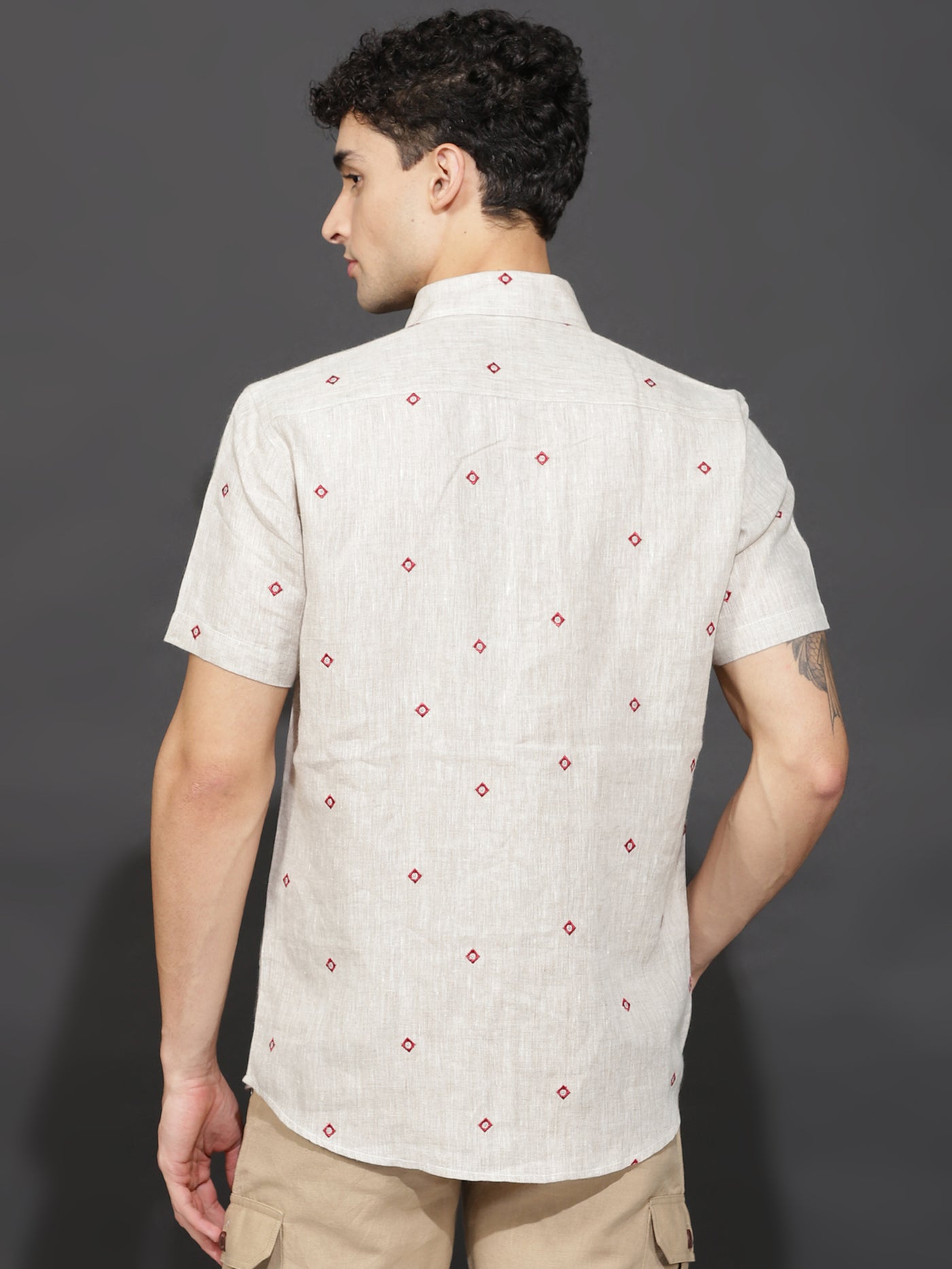 Andrian - Pure Linen Embroidered Half Sleeve Shirt - Ecru