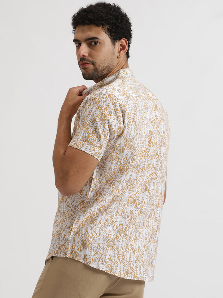 Leon - Pure Linen Block Printed Half Sleeve Shirt - Cocoa Brown