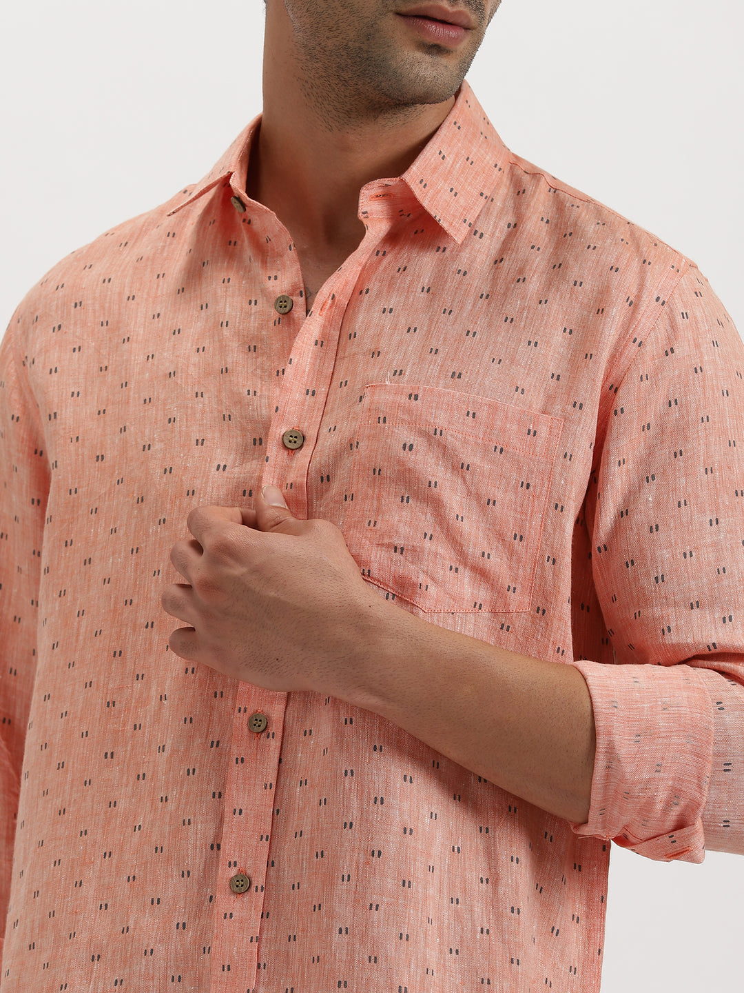 Haynes - Pure Linen Block Printed Dobby Full Sleeve Shirt - Orange