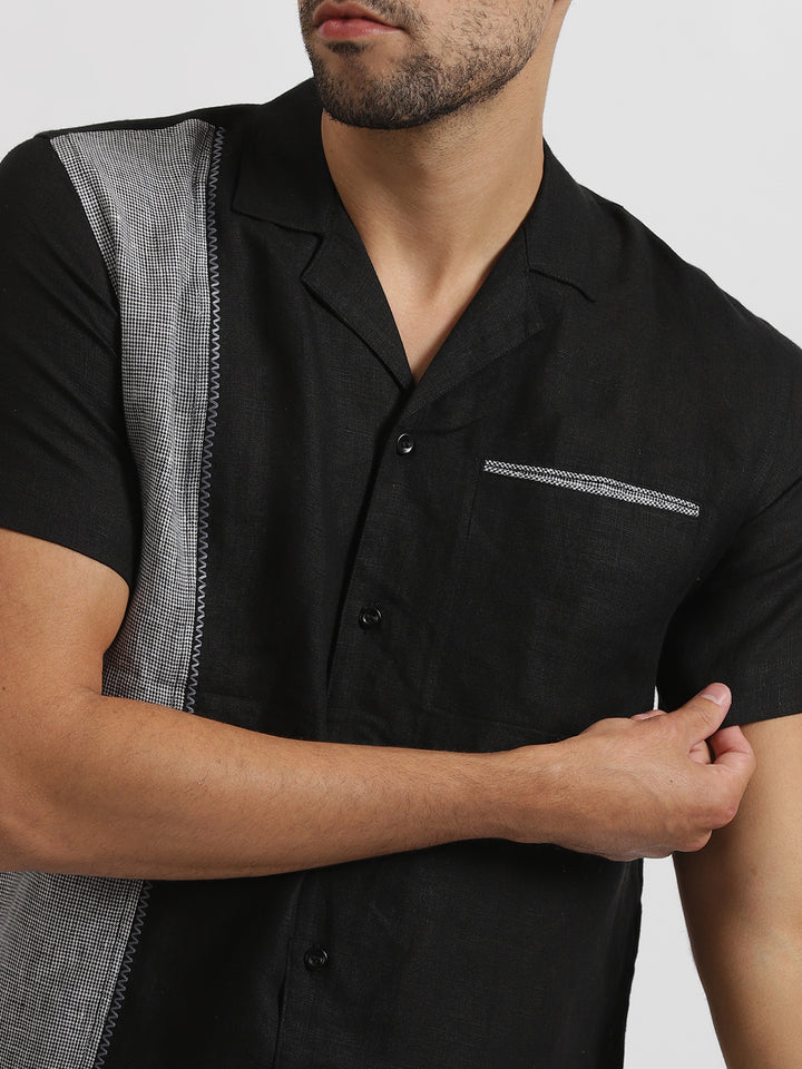 Alan - Pure Linen Block Half Sleeve Shirt - Black & Grey