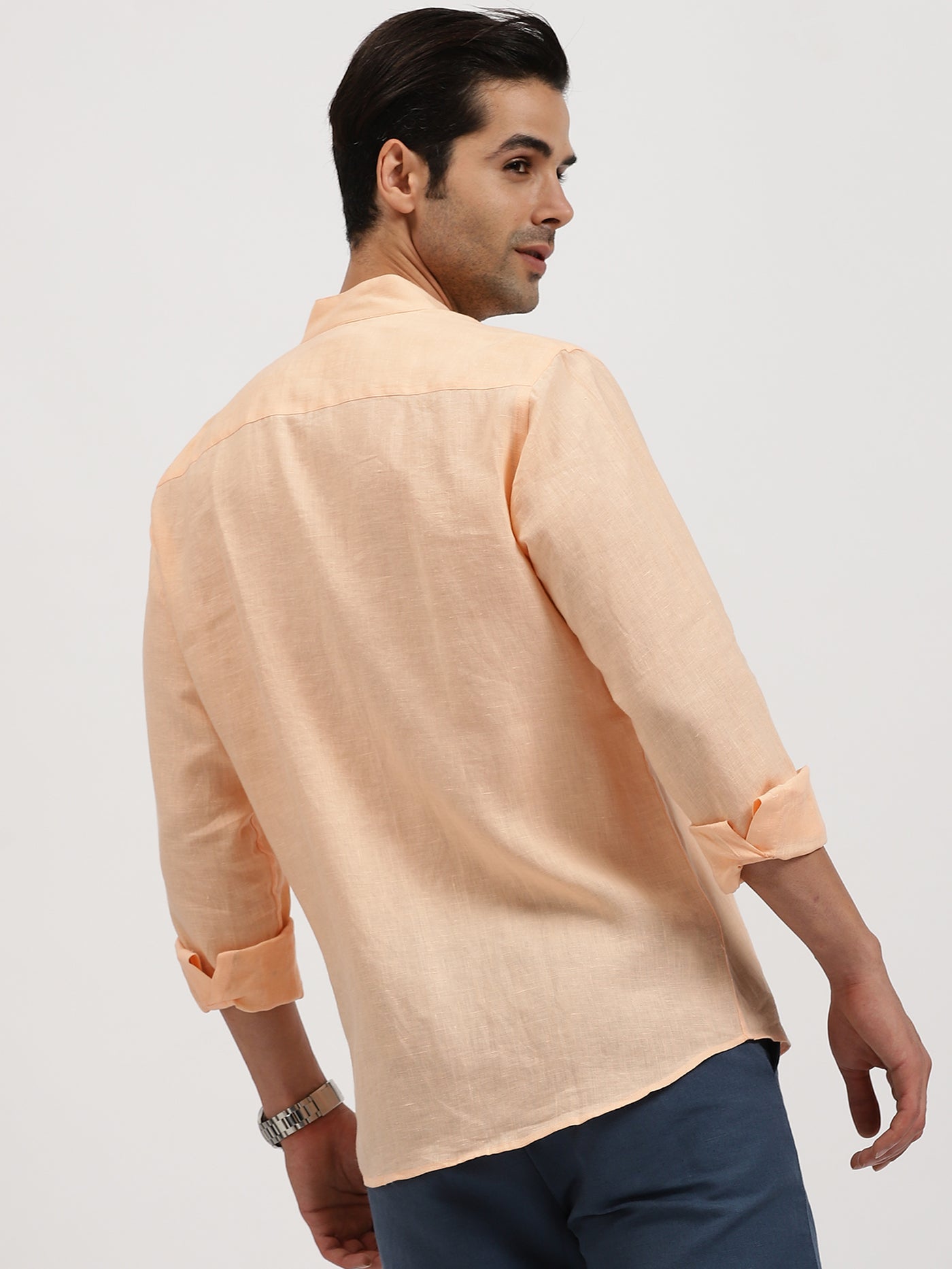 Craig - Pure Linen V Neck Full Sleeve Shirt - Sherbet Orange