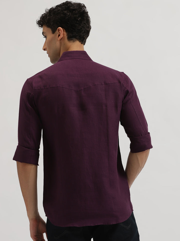 Thomas - Pure Linen Double Pocket Full Sleeve Shirt - Dark Purple