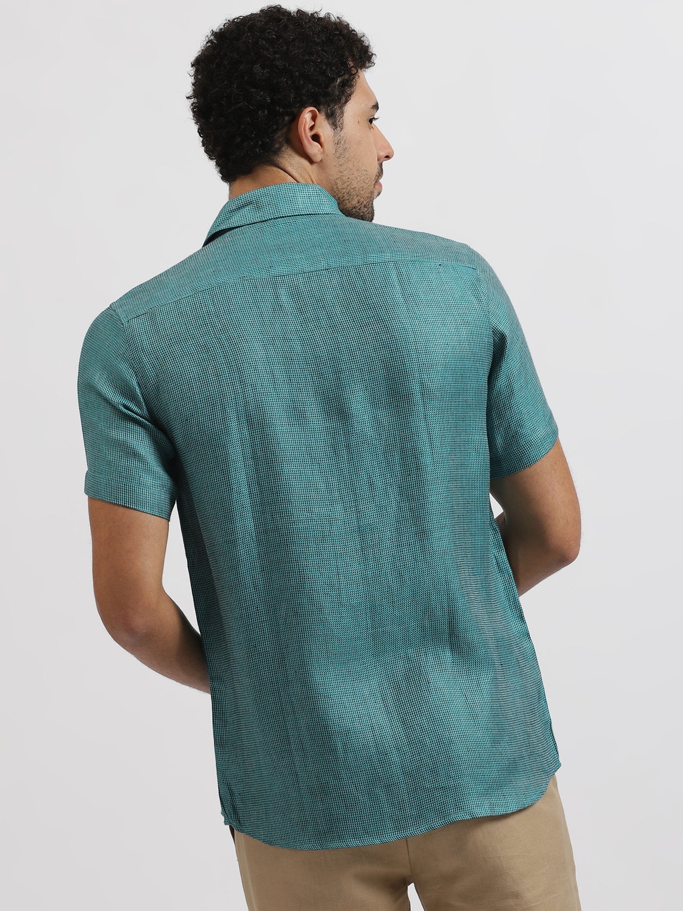 Carlose - Pure Linen Half Sleeve Shirt - Turquoise Blue Houndstooth