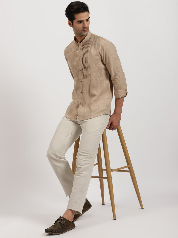 Rickson - Pure Linen Pleat Detailed Full Sleeve Shirt - Mocha