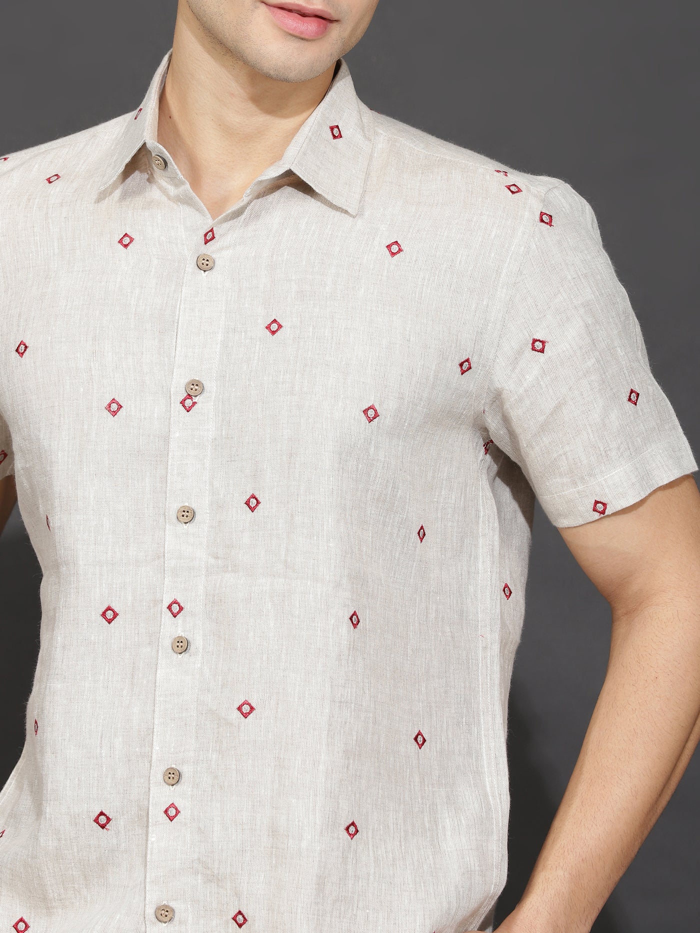 Andrian - Pure Linen Embroidered Half Sleeve Shirt - Ecru