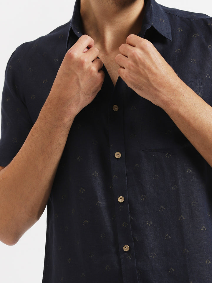 Adam - Pure Linen Block Printed Half Sleeve Shirt - Navy