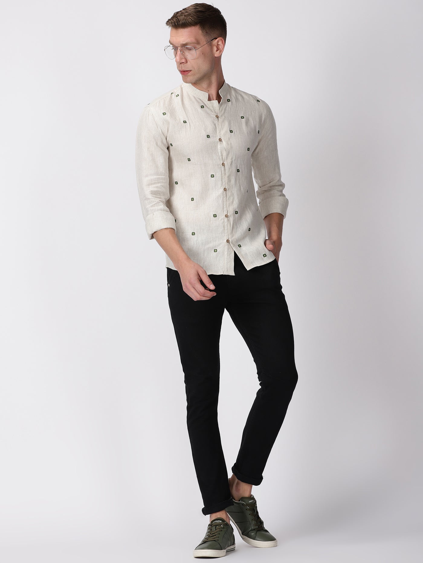 Noah - Pure Linen Embroidered Full Sleeve Shirt - Ecru