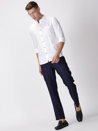 Trevor - Pure Linen Mandarin Collar Full Sleeve Shirt - White