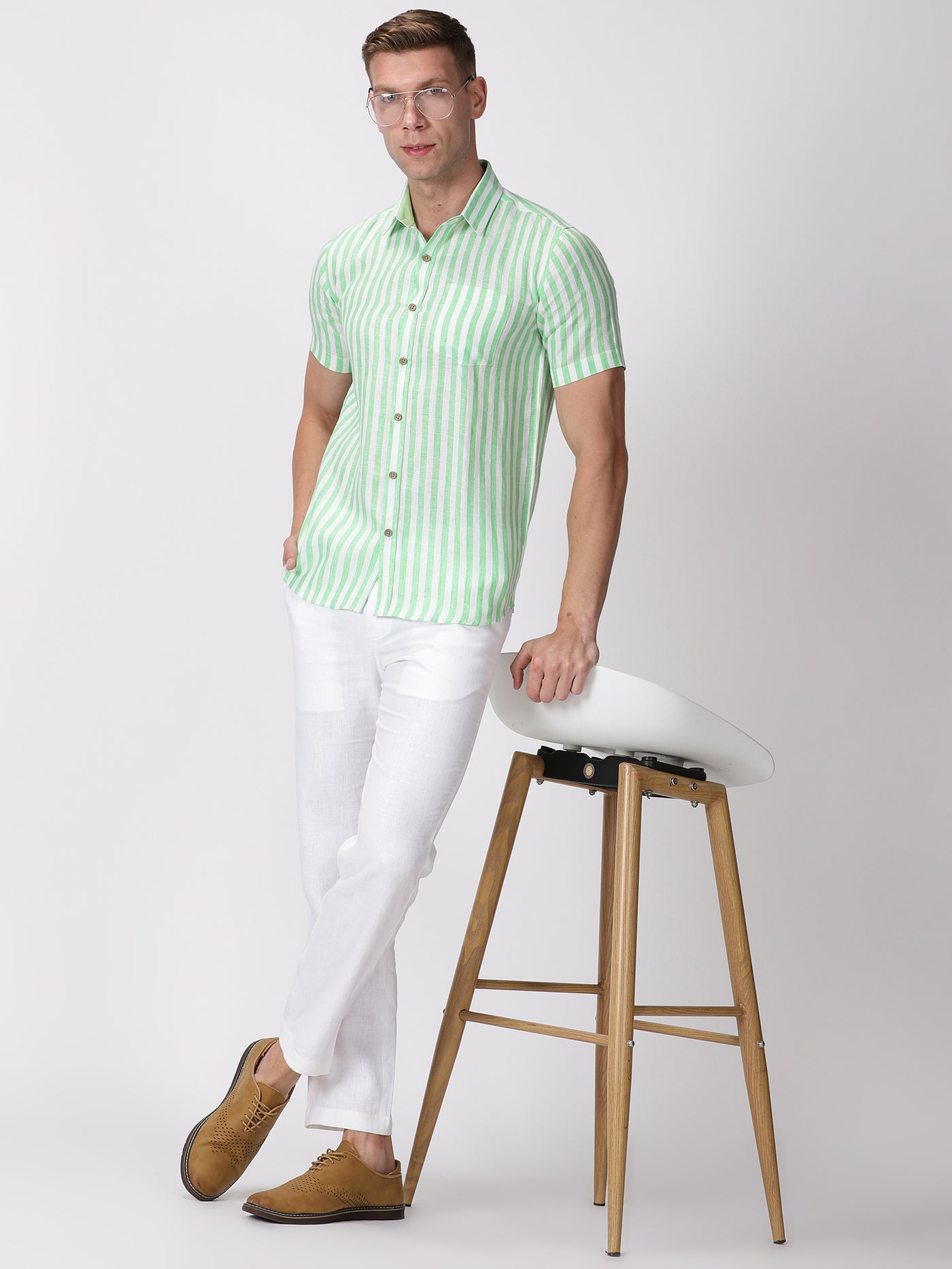Arthur - Pure Linen Short Sleeve Shirt - Awning Green Stripes