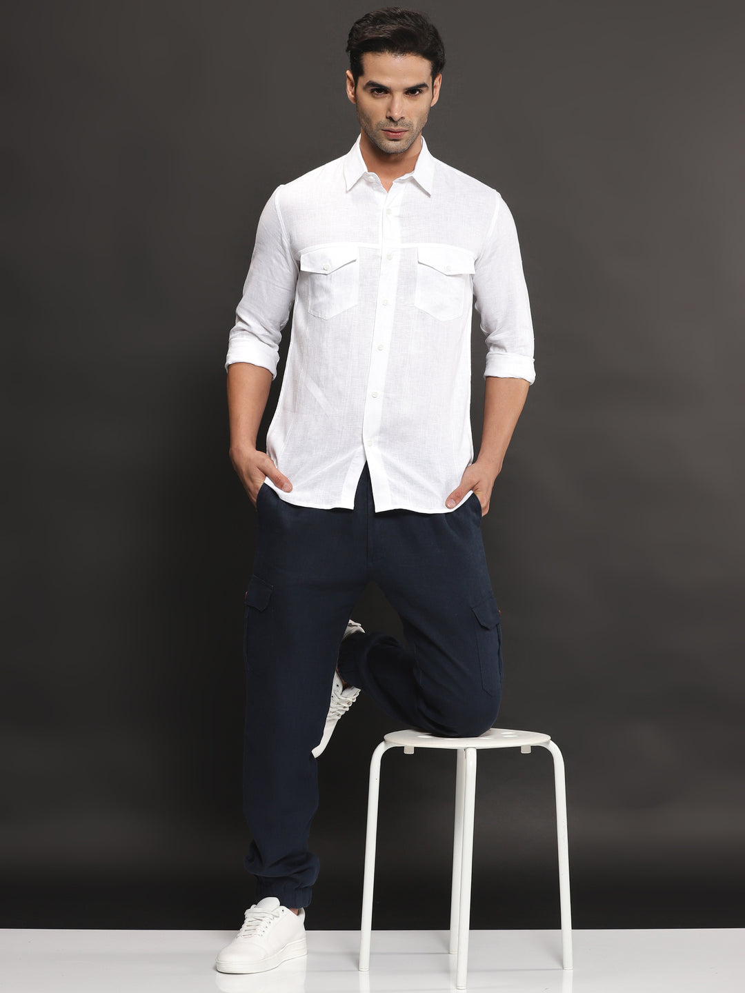 Thomas - Pure Linen Double Pocket Full Sleeve Shirt - White