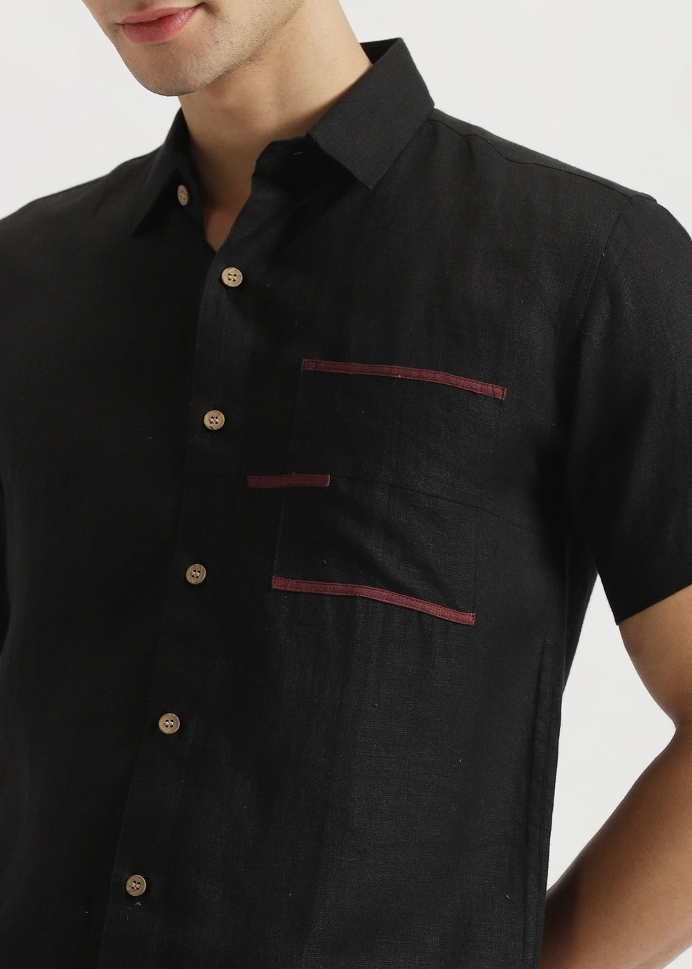 Robert - Pure Linen Pocket Detailed Half Sleeve Shirt - Black