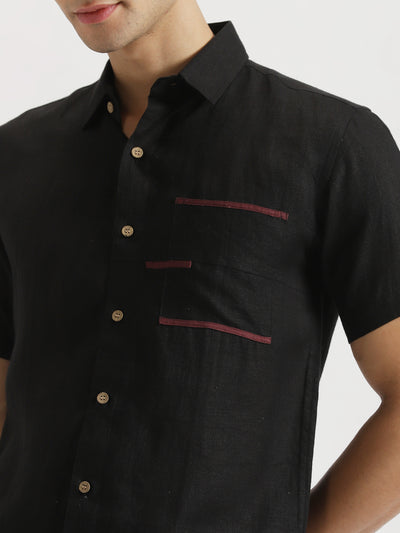 Robert - Pure Linen Pocket Detailed Half Sleeve Shirt - Black
