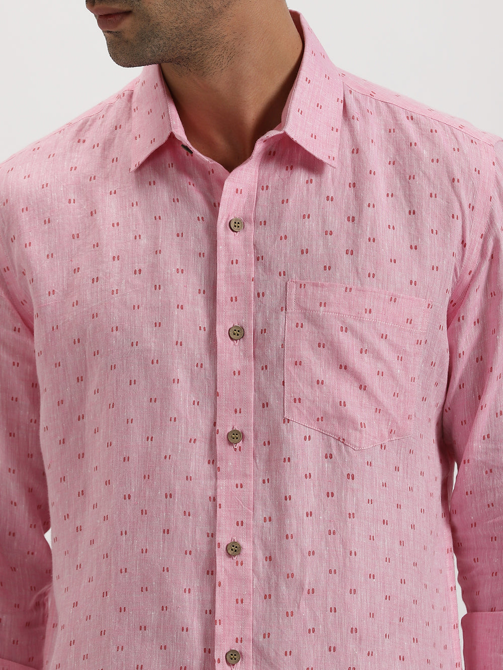 Haynes - Pure Linen Block Printed Dobby Full Sleeve Shirt - Pink
