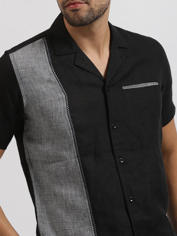 Alan - Pure Linen Block Half Sleeve Shirt - Black & Grey