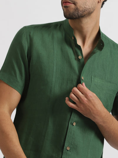 Trevor - Pure Linen Mandarin Collar Half Sleeve Shirt - Dark Green