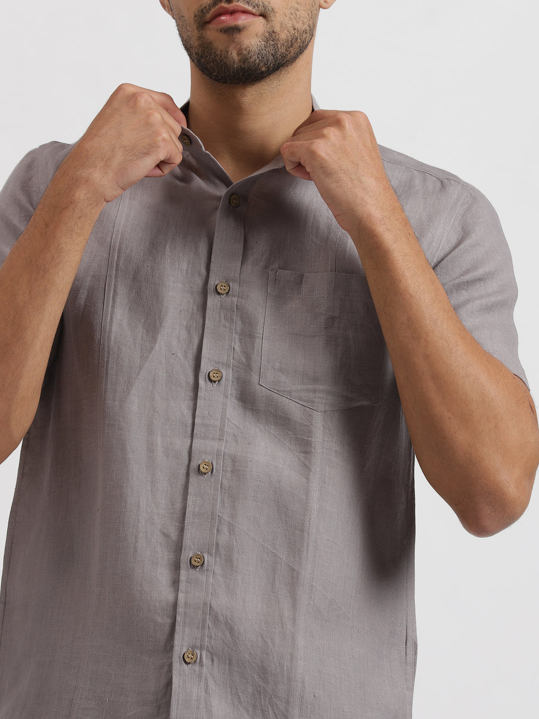 Trevor - Pure Linen Mandarin Collar Half Sleeve Shirt - Cement Grey