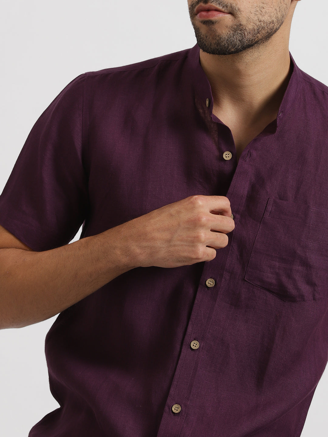 Chang - Pure Linen Mandarin Collar Half Sleeve Shirt - Dark Purple