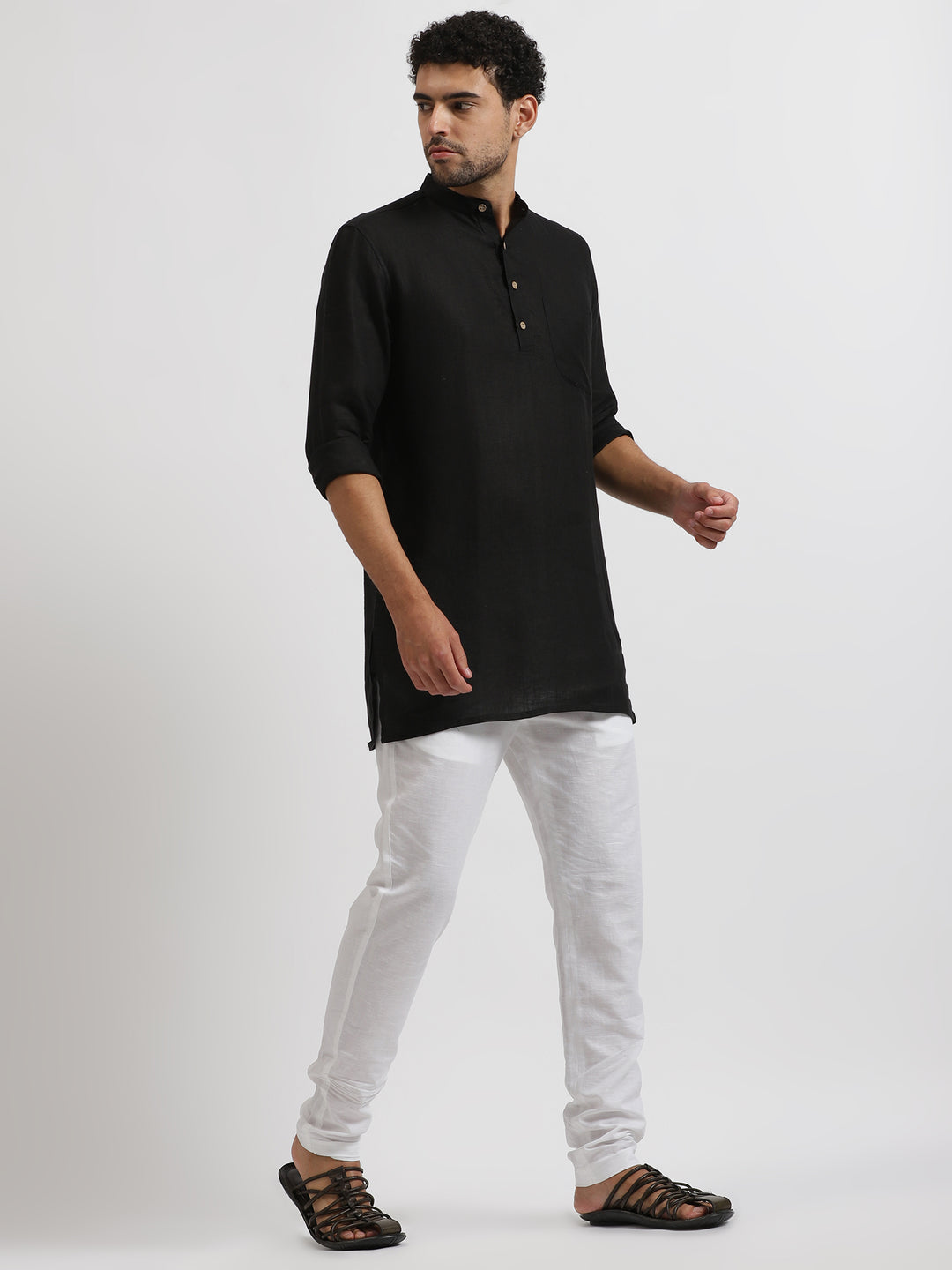 Jace - Full Sleeve Mandarin Collar Pure Linen Short Kurta - Black