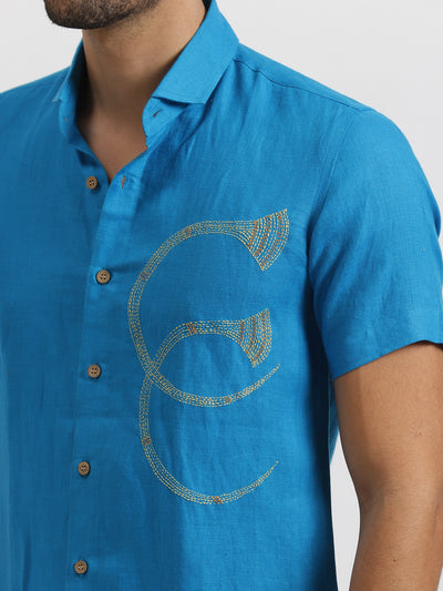 Ceol - Pure Linen Hand-Embroidered Half Sleeve Shirt - Blue
