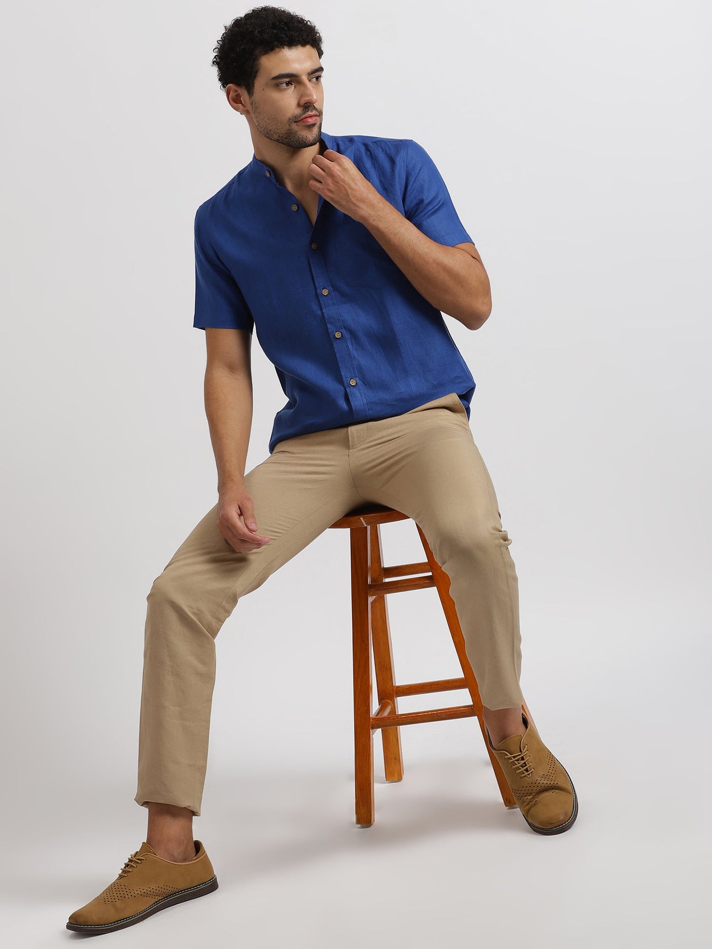 Chang - Pure Linen Mandarin Collar Half Sleeve Shirt - Blue | Rescue